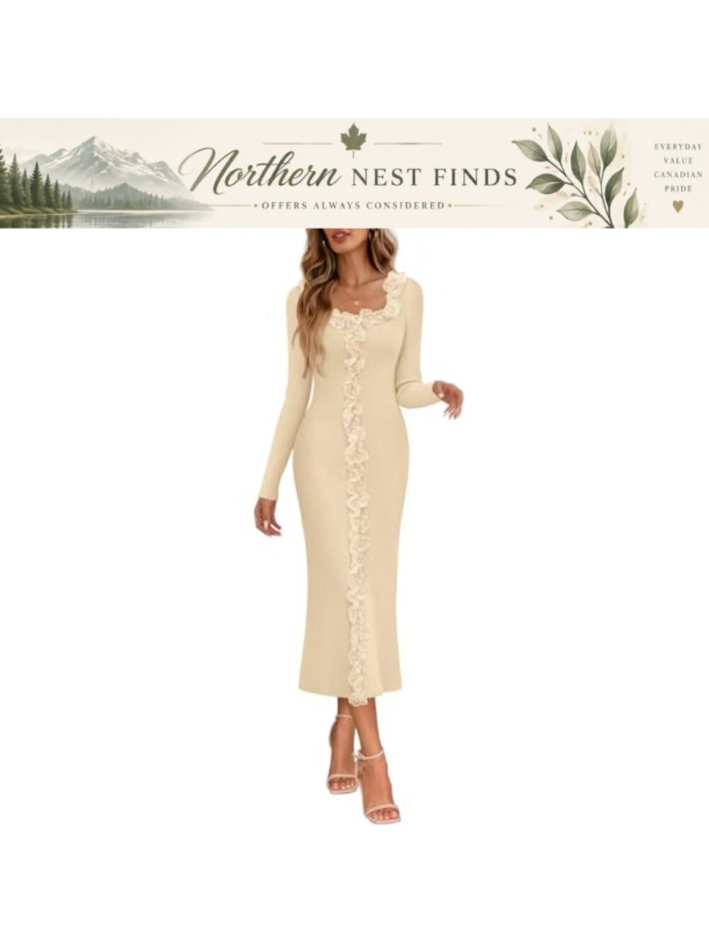 Long Sleeve Ribbed Knit Bodycon Midi Sweater Dress Ruffle Square Neck